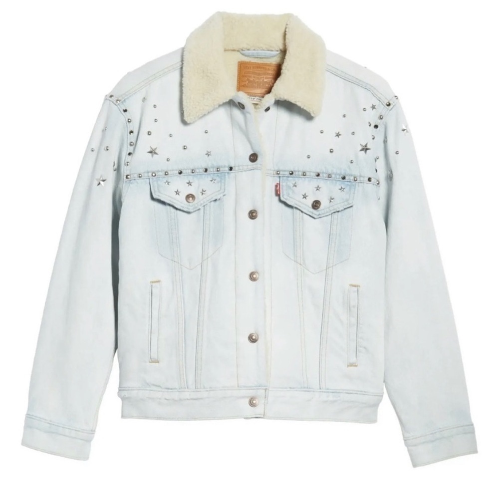 ❤️‍🔥Levi’s light wash Sherpa lined star studded denim trucker jacket size XL - Picture 15 of 16